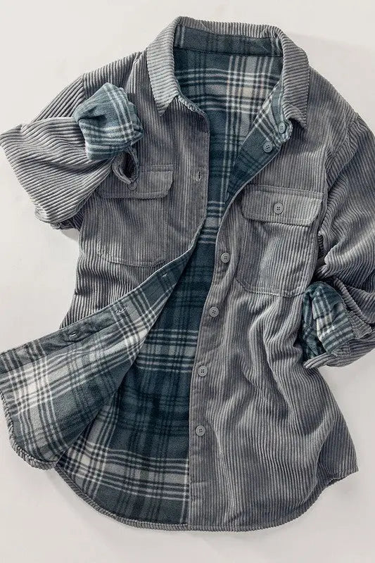 The Tiny Details Blue Corduroy Reversible Button Down Jacket