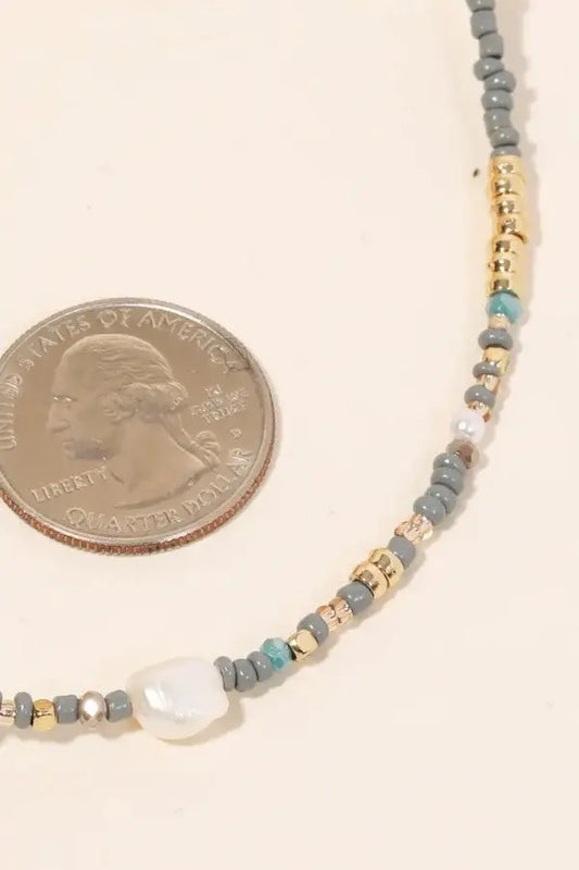 The Tiny Details Blue Grey Seed Bead Pearl Pendant Necklace