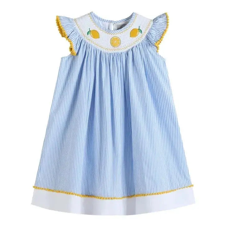 The Tiny Details Blue Striped Lemon Smocked Bishop Dress