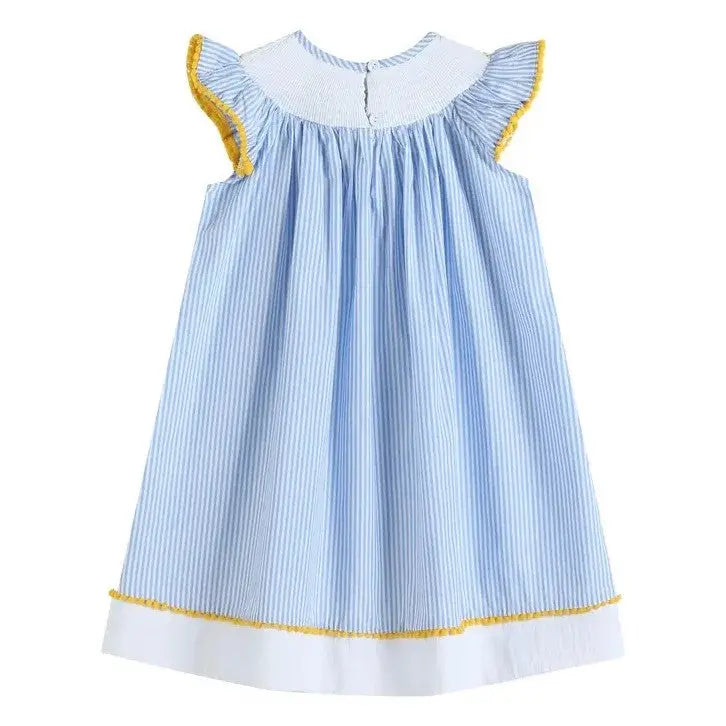 The Tiny Details Blue Striped Lemon Smocked Bishop Dress