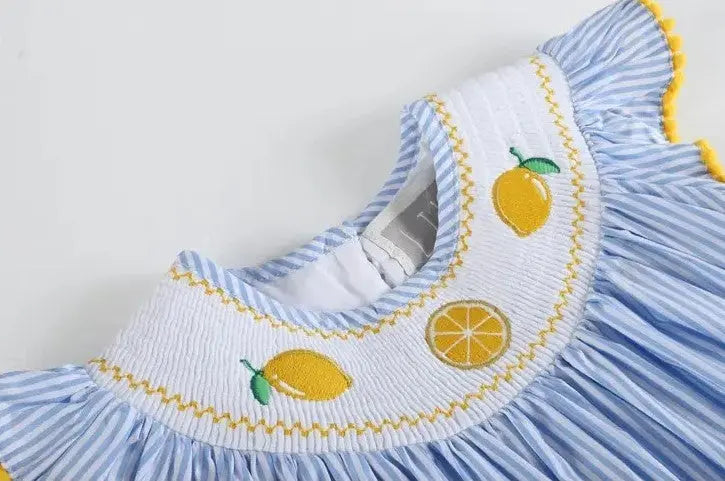 The Tiny Details Blue Striped Lemon Smocked Bishop Dress