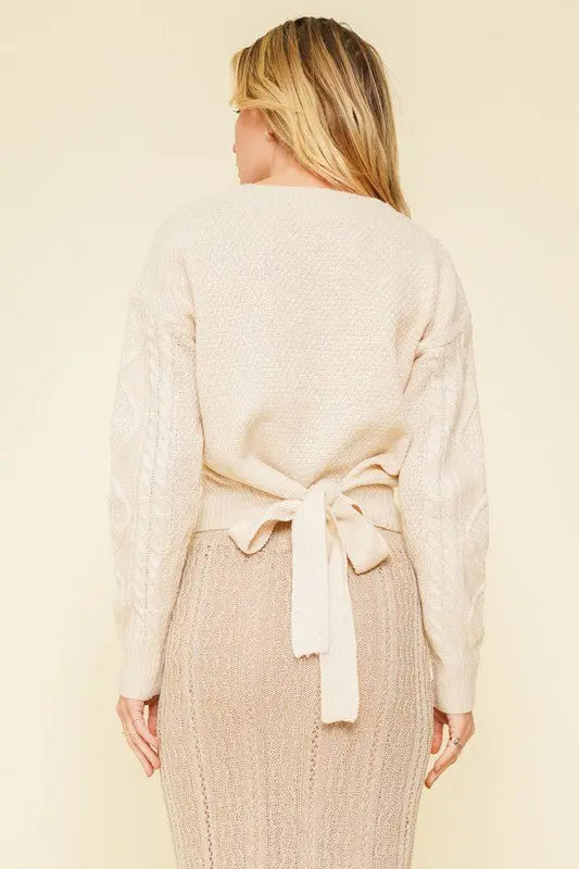 Cable Knit Sleeve Tie Back Cream Sweater1