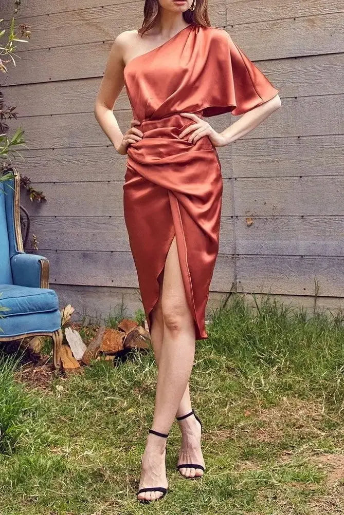 The Tiny Details Cognac Asymmetric Satin Midi Dress