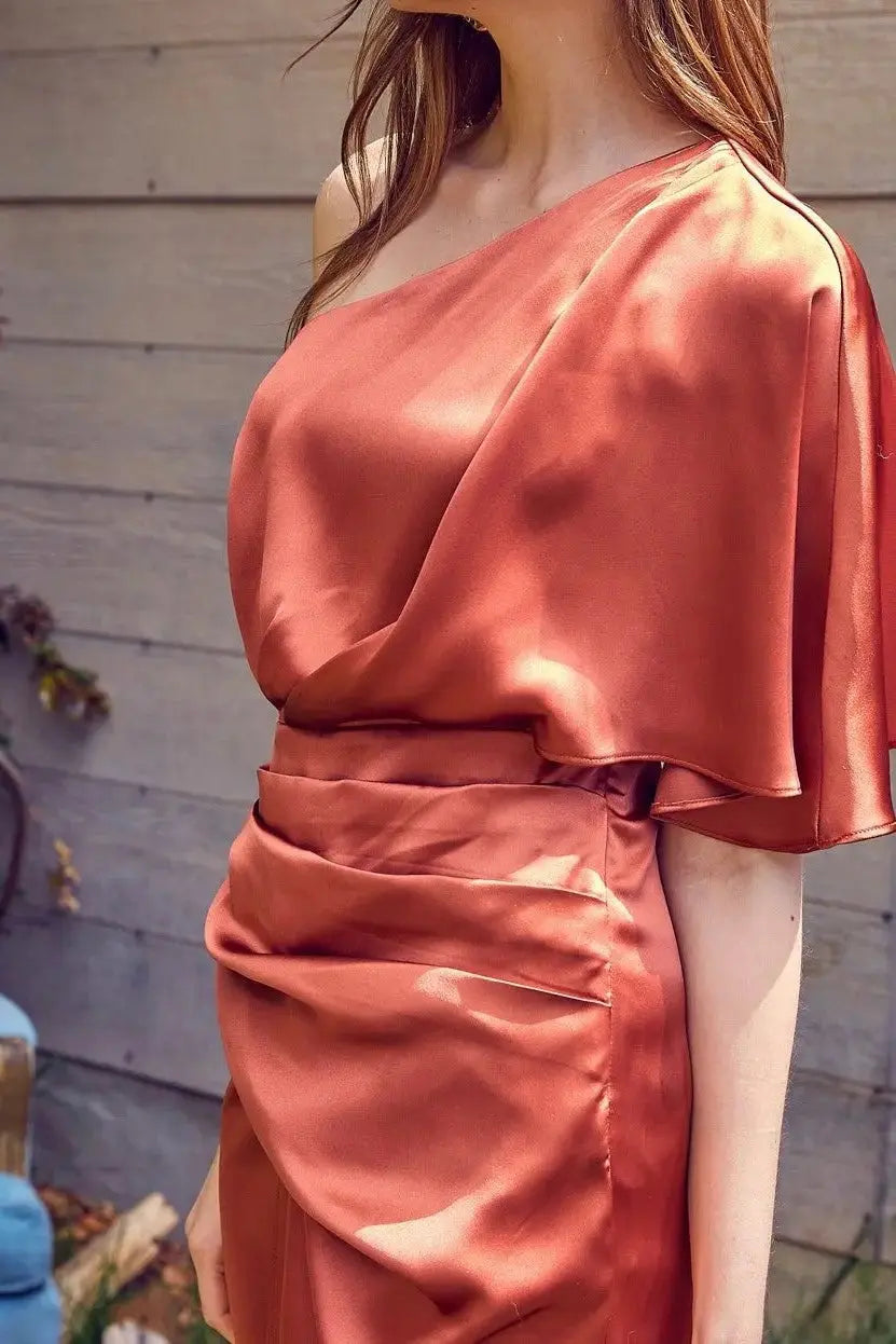 The Tiny Details Cognac Asymmetric Satin Midi Dress