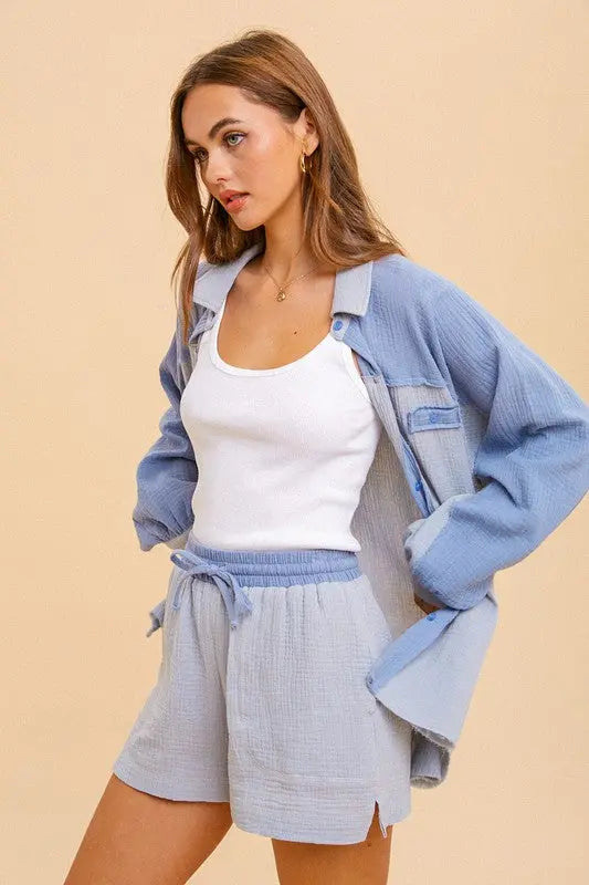 The Tiny Details Cotton Gauze Blue Colorblock Shorts