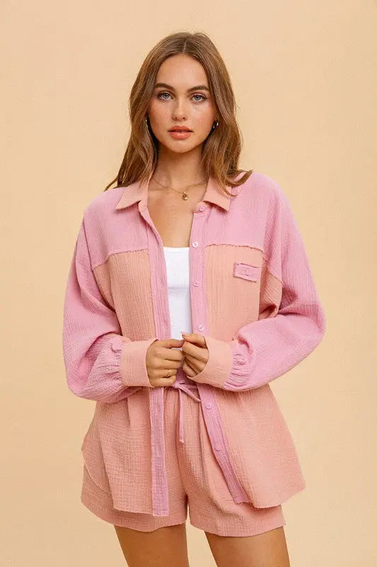 The Tiny Details Cotton Gauze Colorblock Oversized Shirt