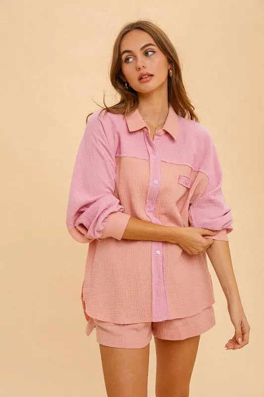 The Tiny Details Cotton Gauze Colorblock Oversized Shirt