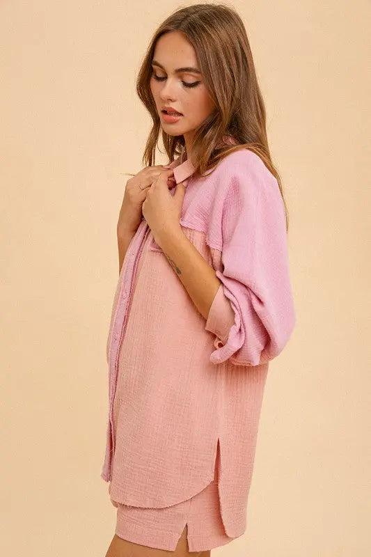 The Tiny Details Cotton Gauze Colorblock Oversized Shirt
