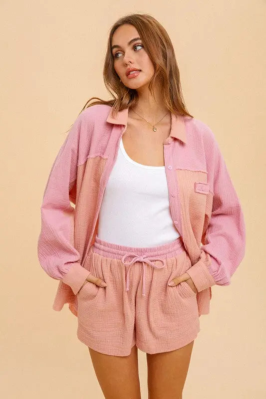 The Tiny Details Cotton Gauze Colorblock Shorts