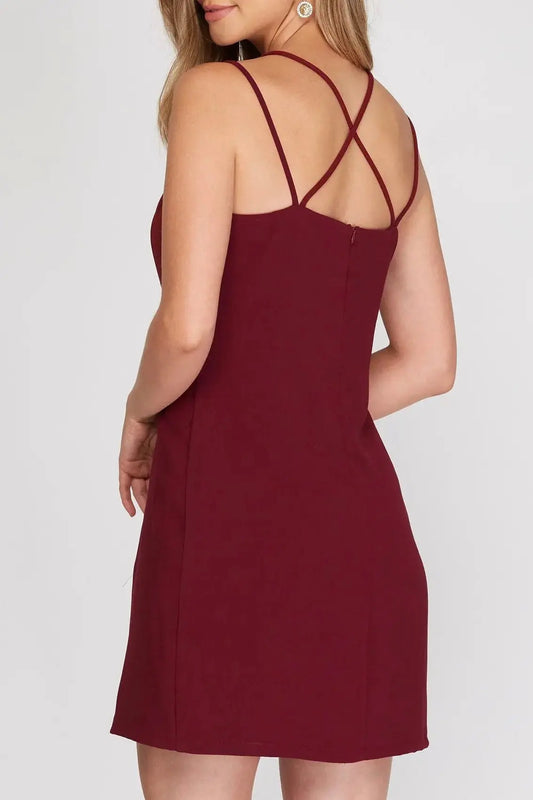 The Tiny Details Double Strap Woven Mini Dress in Wine