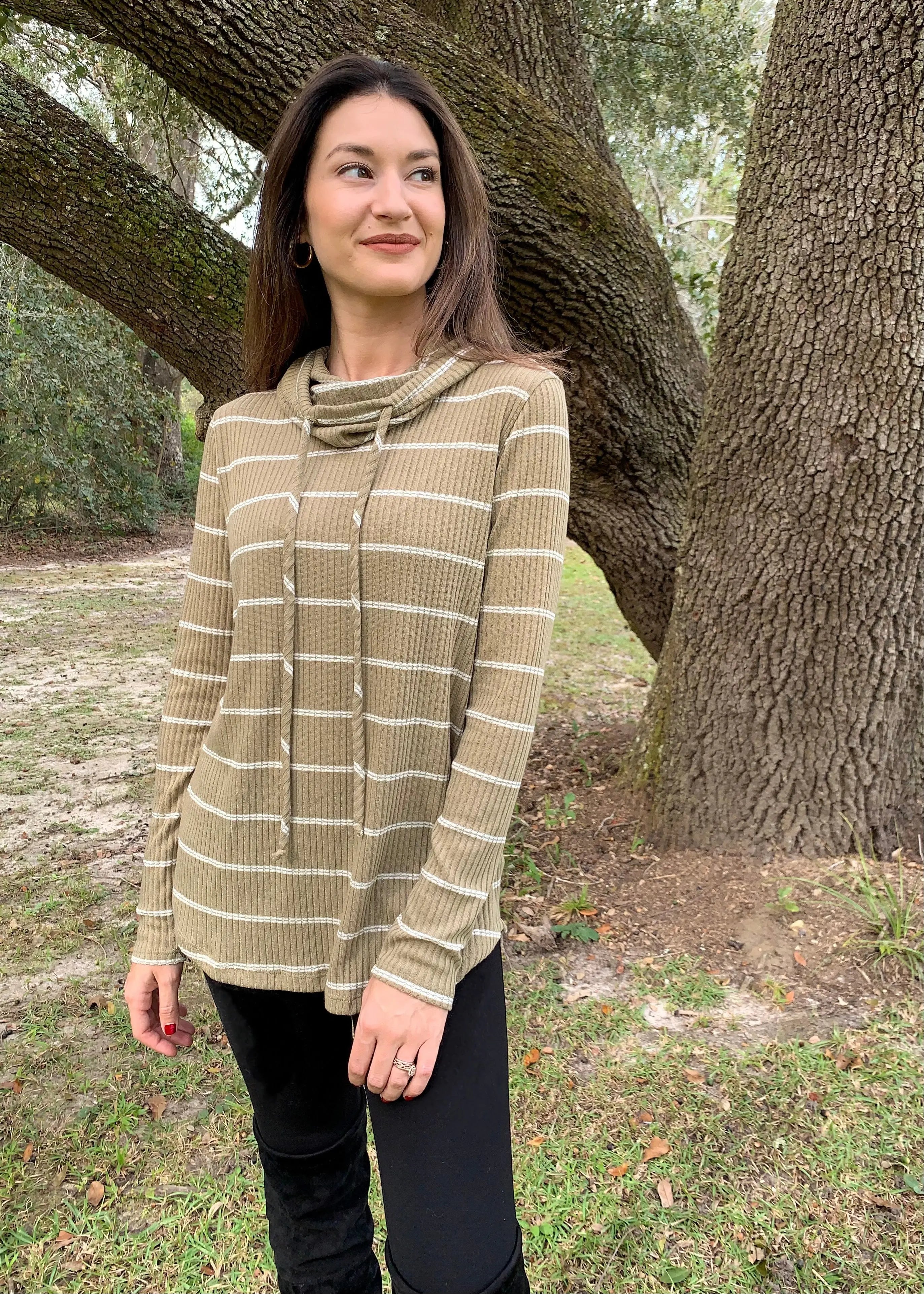 The Tiny Details Drawstring Cowl Neck Ribbed Striped Top