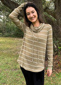 The Tiny Details Drawstring Cowl Neck Ribbed Striped Top