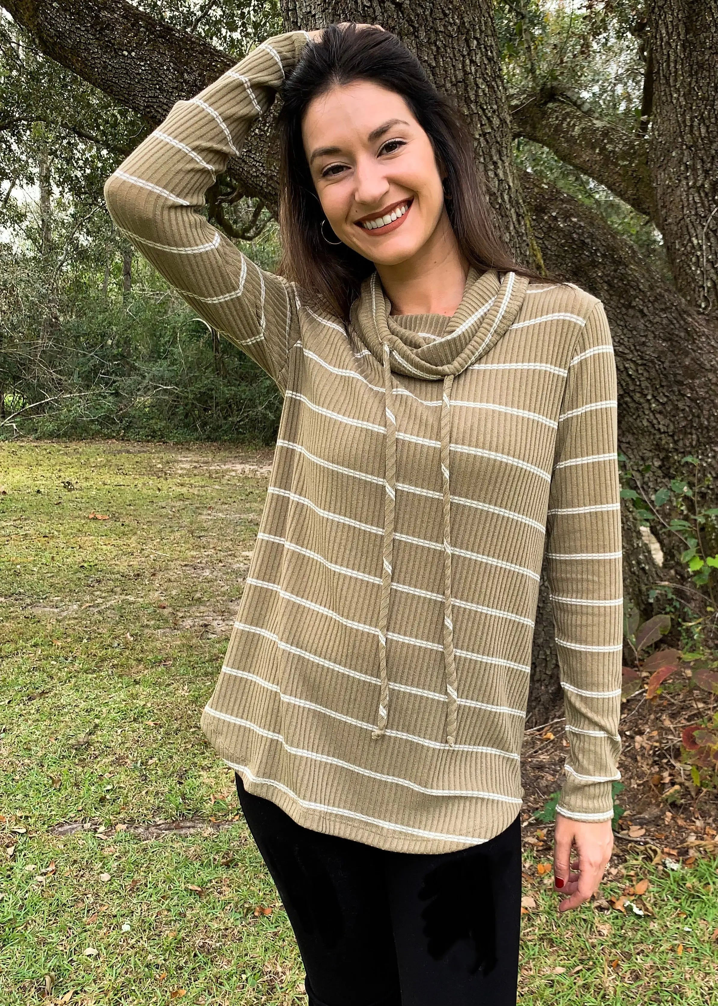 The Tiny Details Drawstring Cowl Neck Ribbed Striped Top