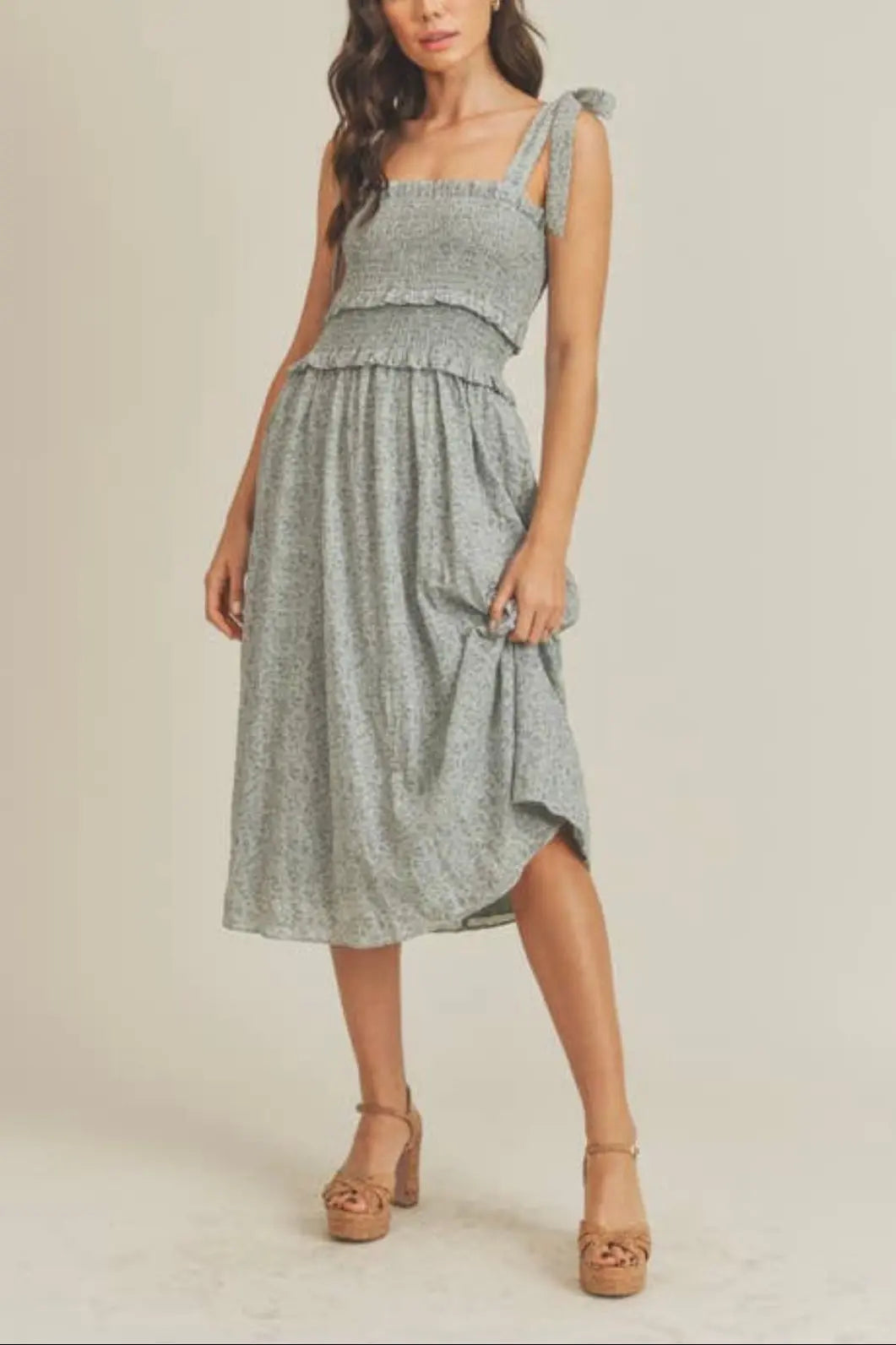 The Tiny Details Floral Printed Sage Smocked Midi Dress