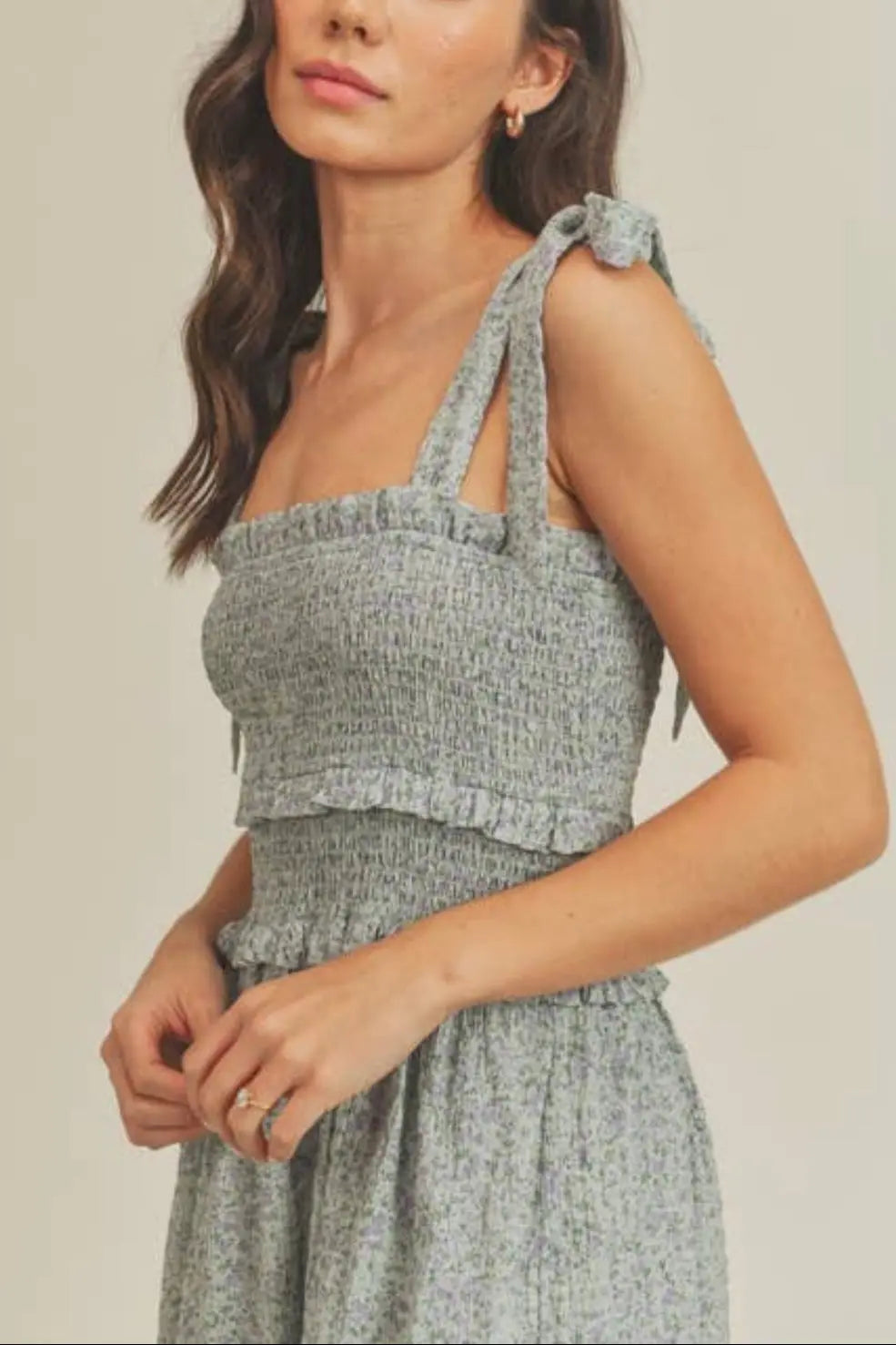 The Tiny Details Floral Printed Sage Smocked Midi Dress