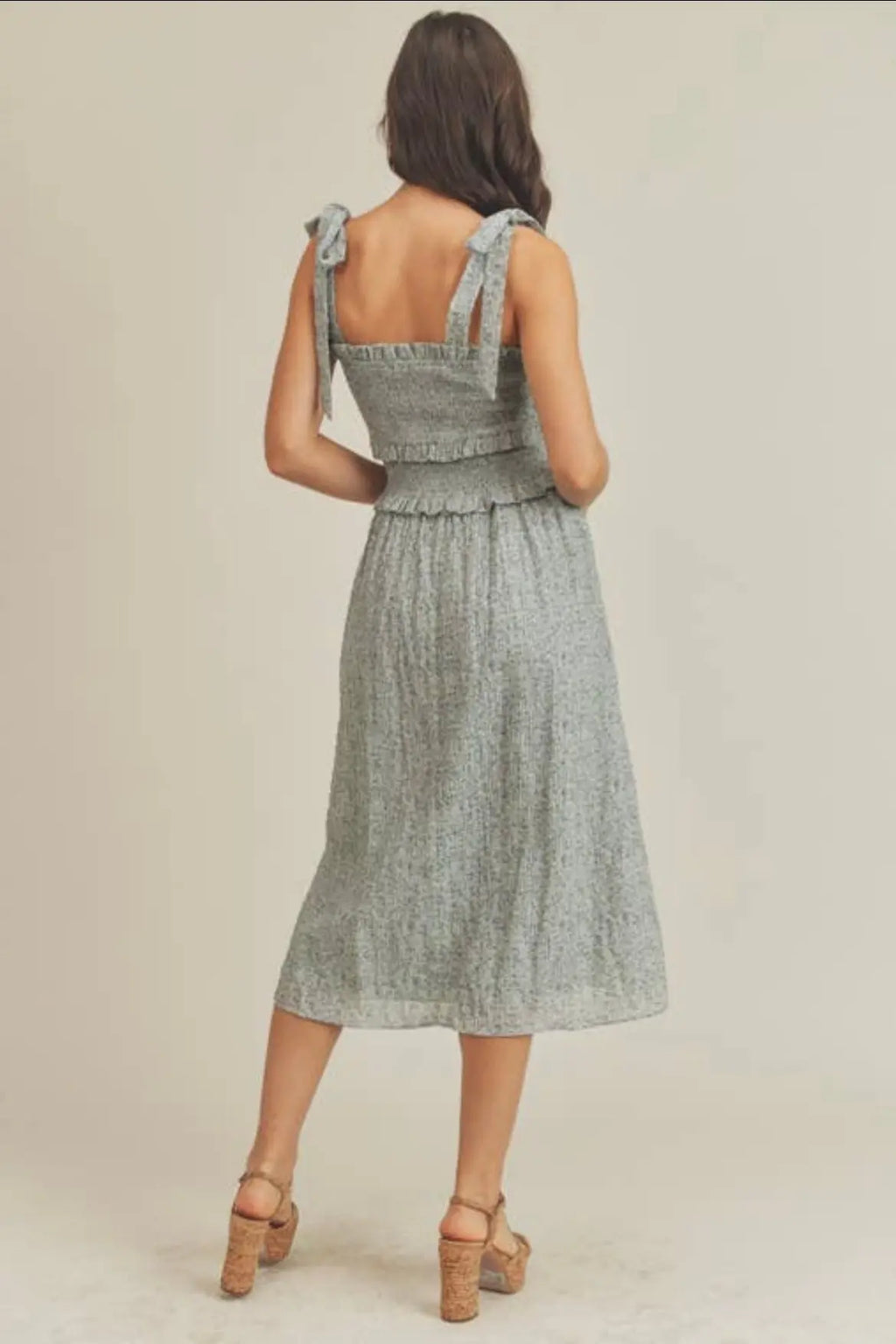 The Tiny Details Floral Printed Sage Smocked Midi Dress