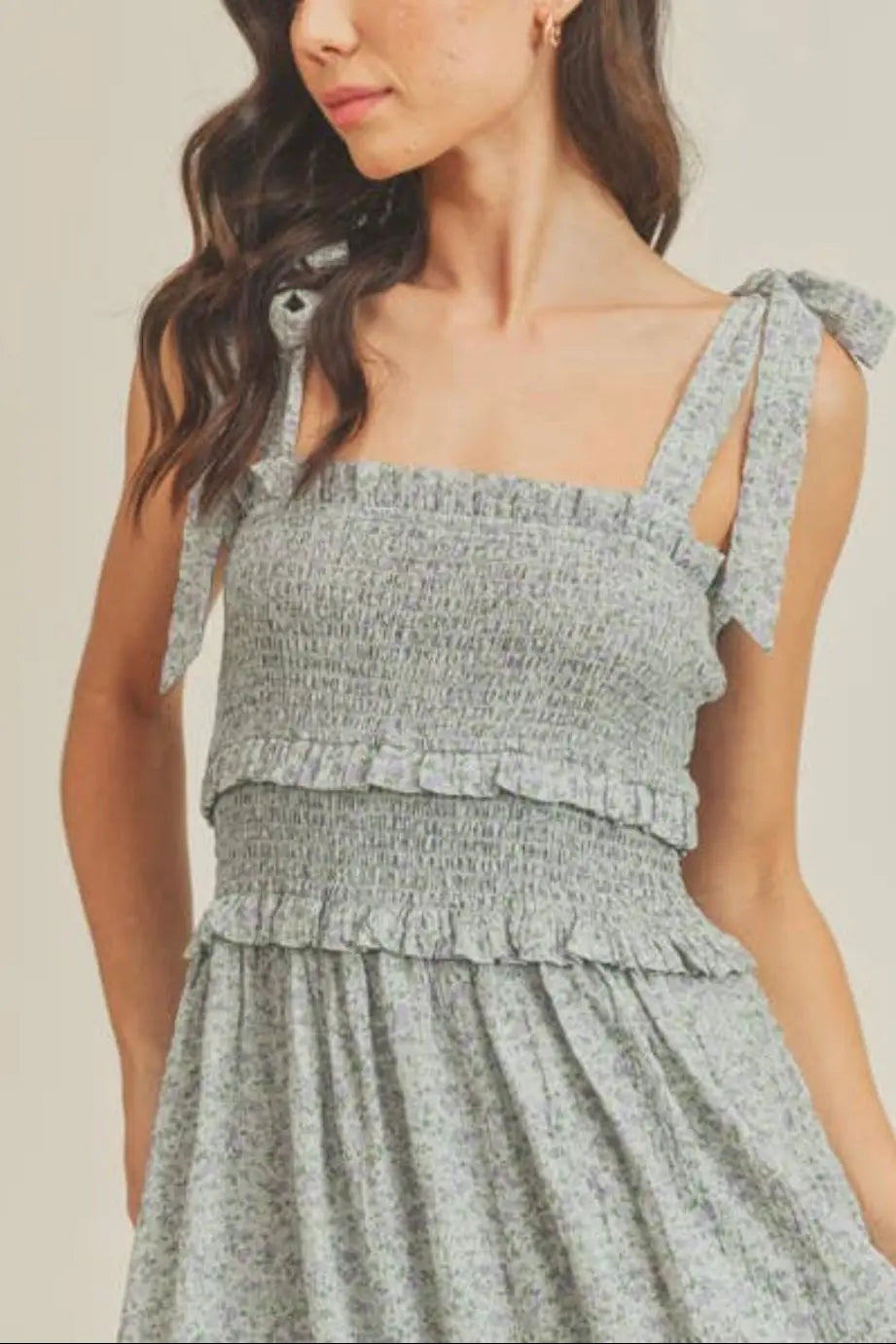 The Tiny Details Floral Printed Sage Smocked Midi Dress