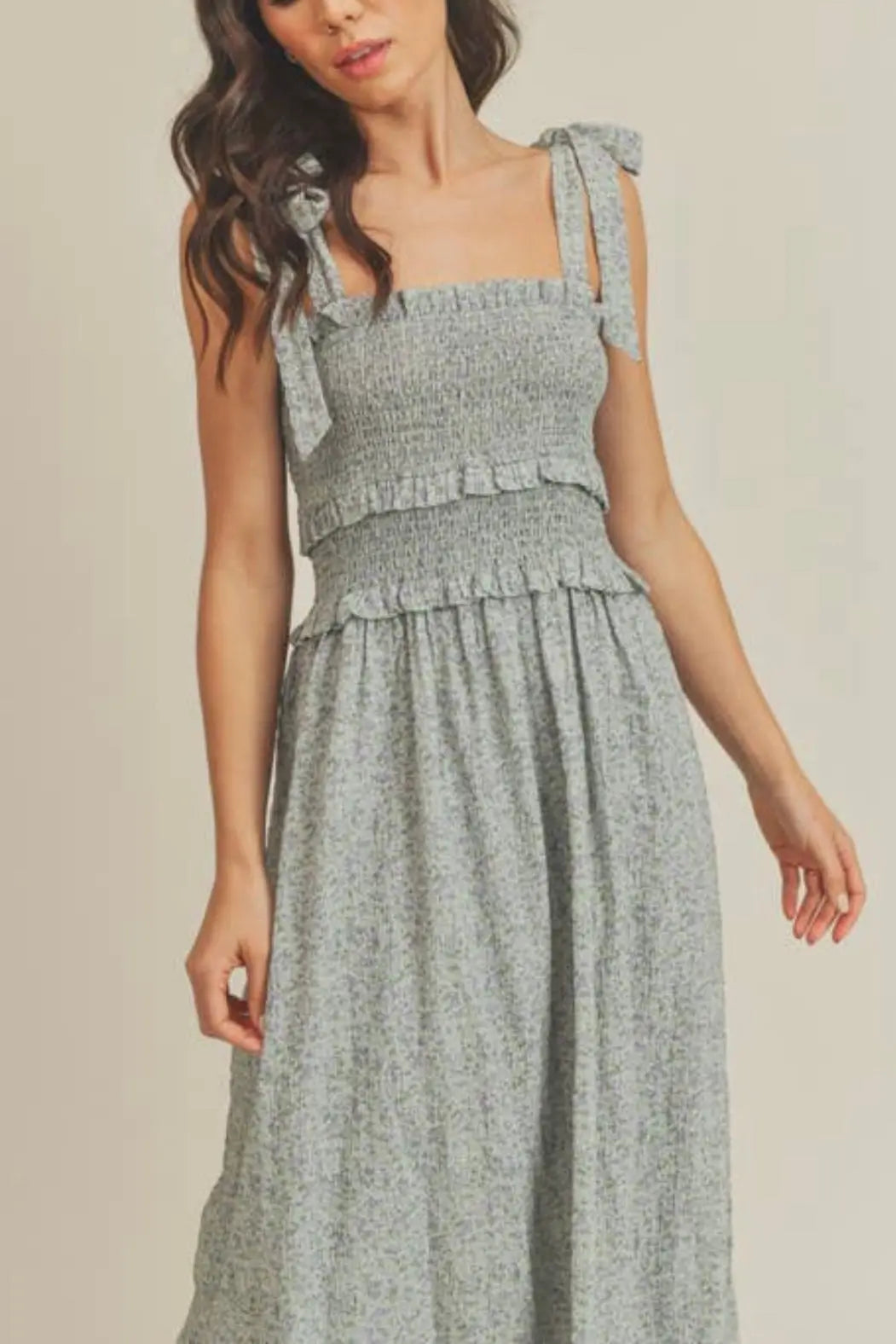 The Tiny Details Floral Printed Sage Smocked Midi Dress