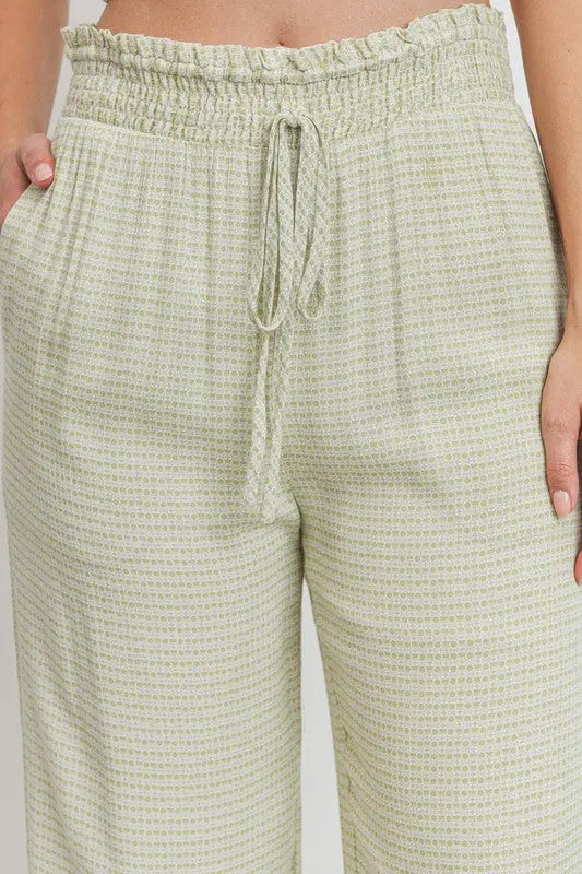 The Tiny Details Green Printed Drawstring Frill Waistband Long Pants