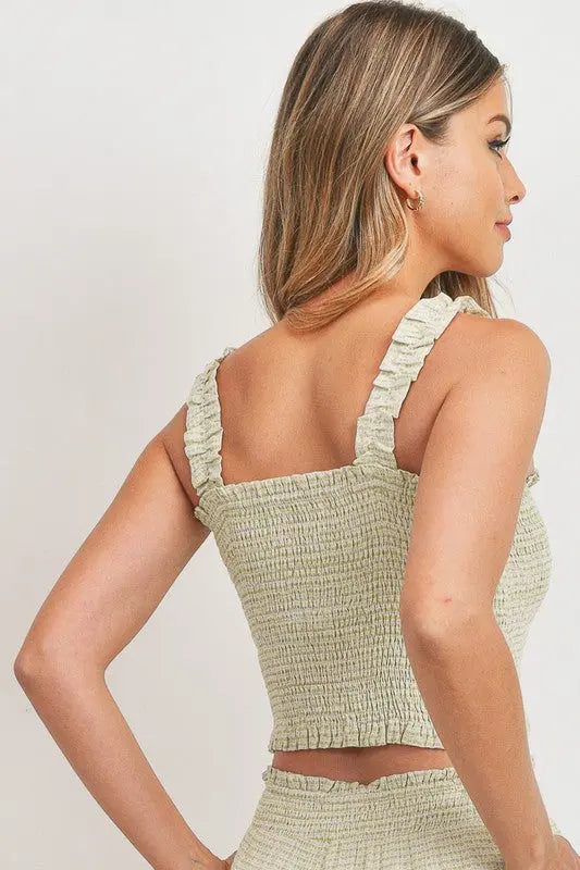 The Tiny Details Green Printed Frill Strap Smock Top