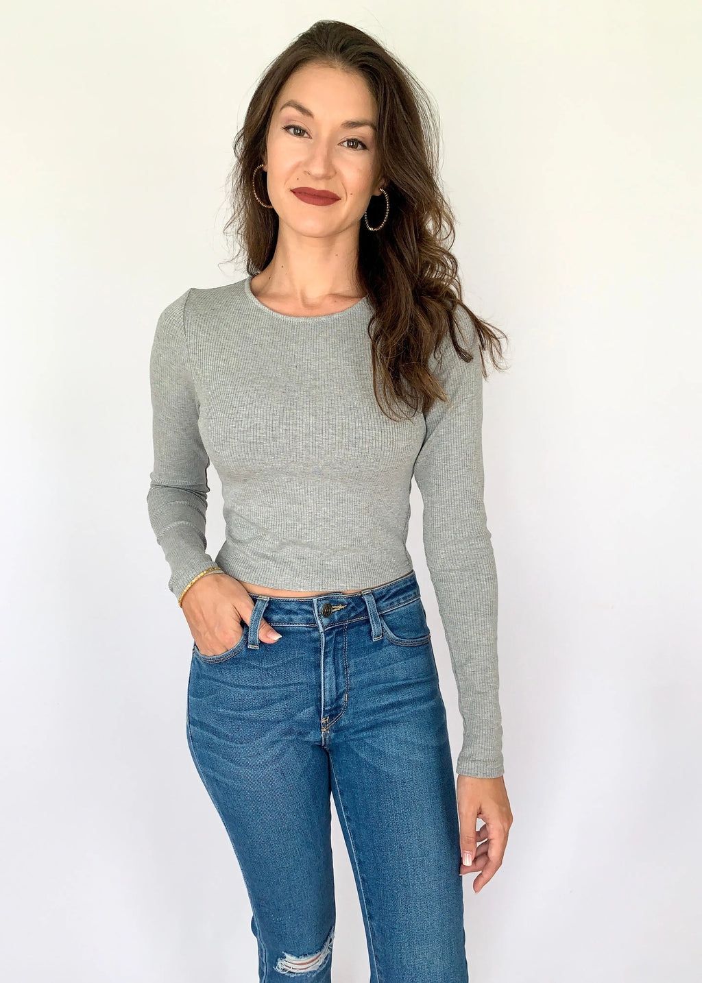 The Tiny Details Grey Long Sleeve Ribbed Knit Crop Top *Size Large*