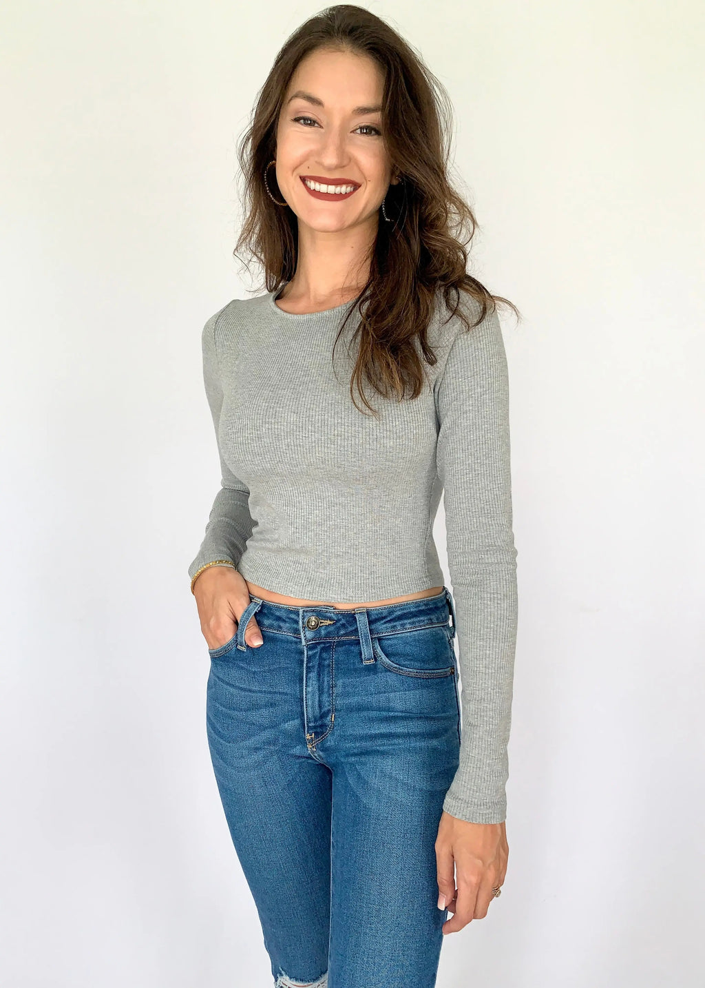 The Tiny Details Grey Long Sleeve Ribbed Knit Crop Top *Size Large*