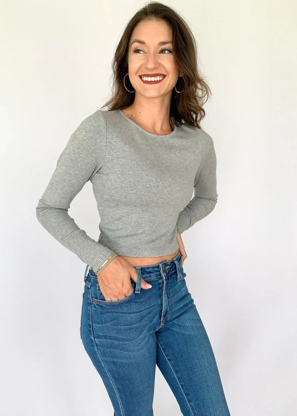 The Tiny Details Grey Long Sleeve Ribbed Knit Crop Top *Size Large*