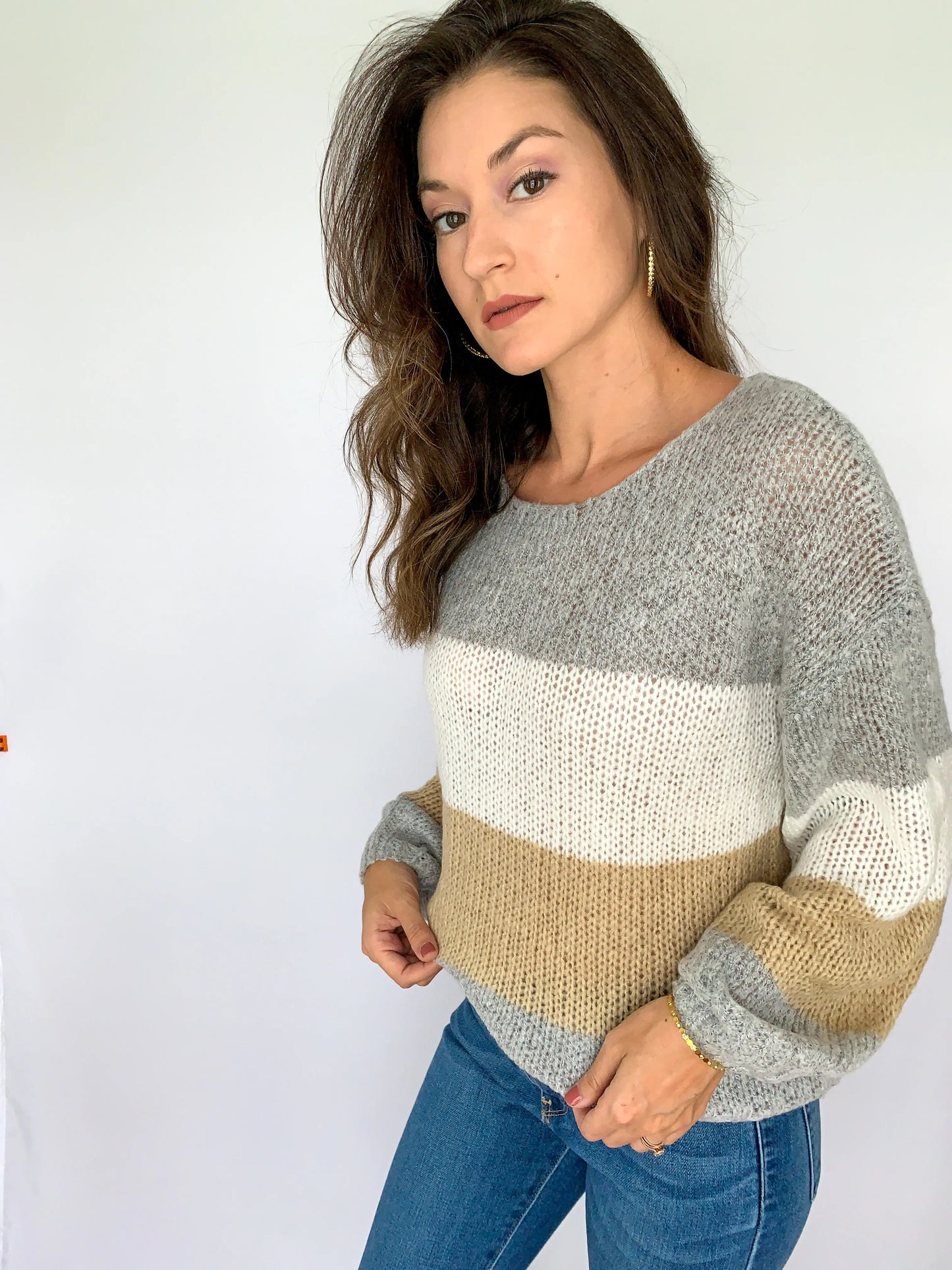 The Tiny Details Grey with Multi Colorblock Loose Pullover Sweater