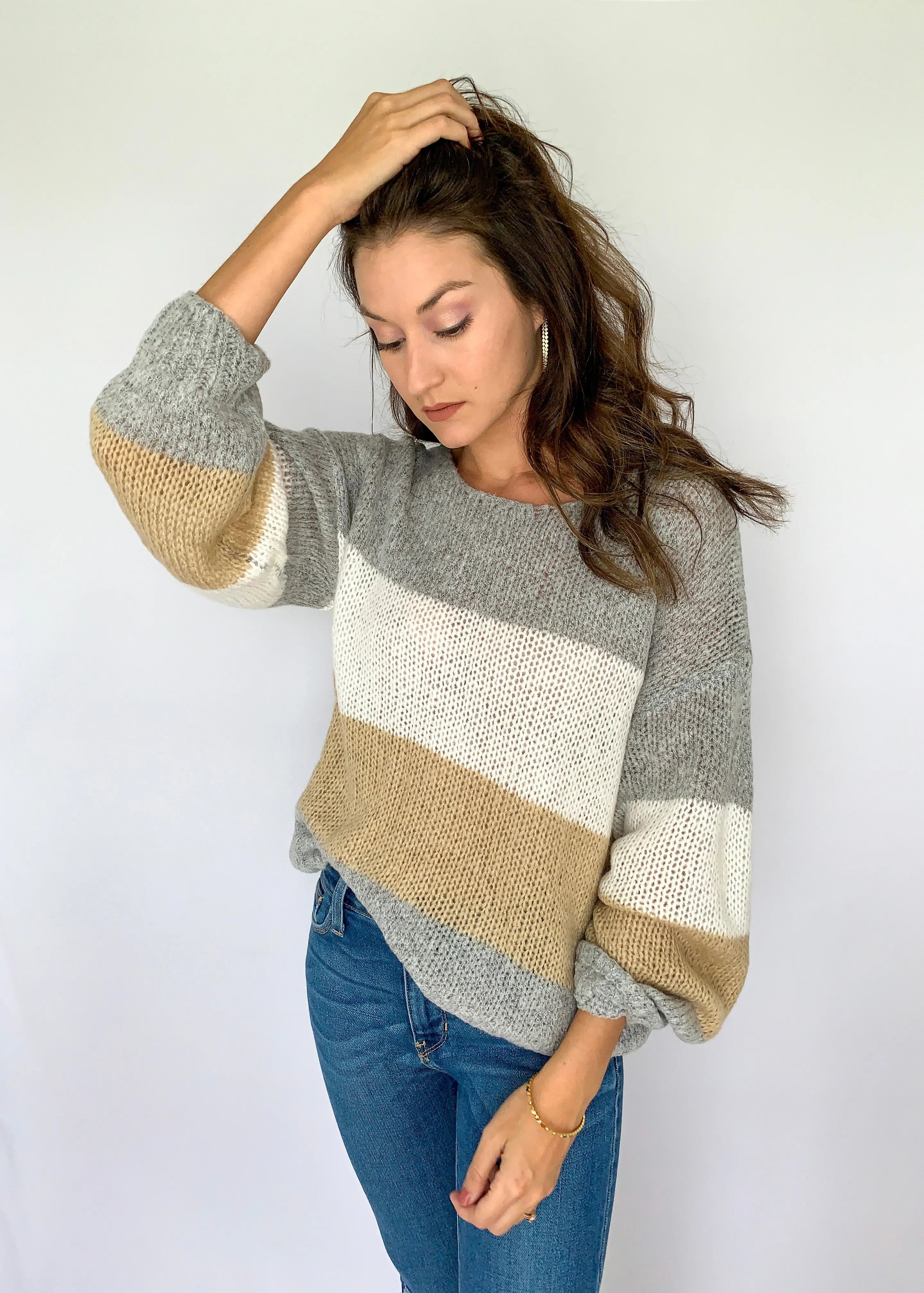 The Tiny Details Grey with Multi Colorblock Loose Pullover Sweater