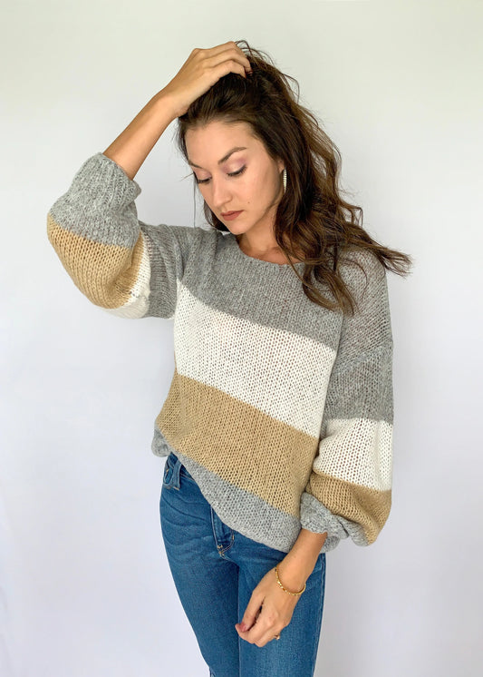 The Tiny Details Grey with Multi Colorblock Loose Pullover Sweater