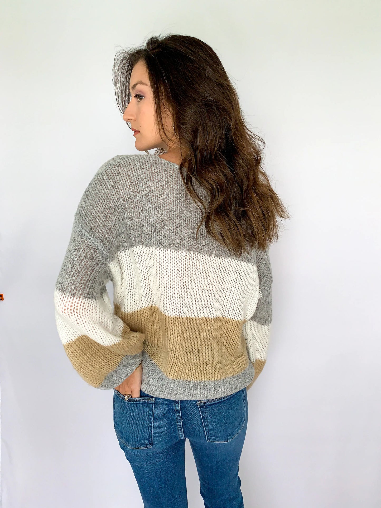 The Tiny Details Grey with Multi Colorblock Loose Pullover Sweater