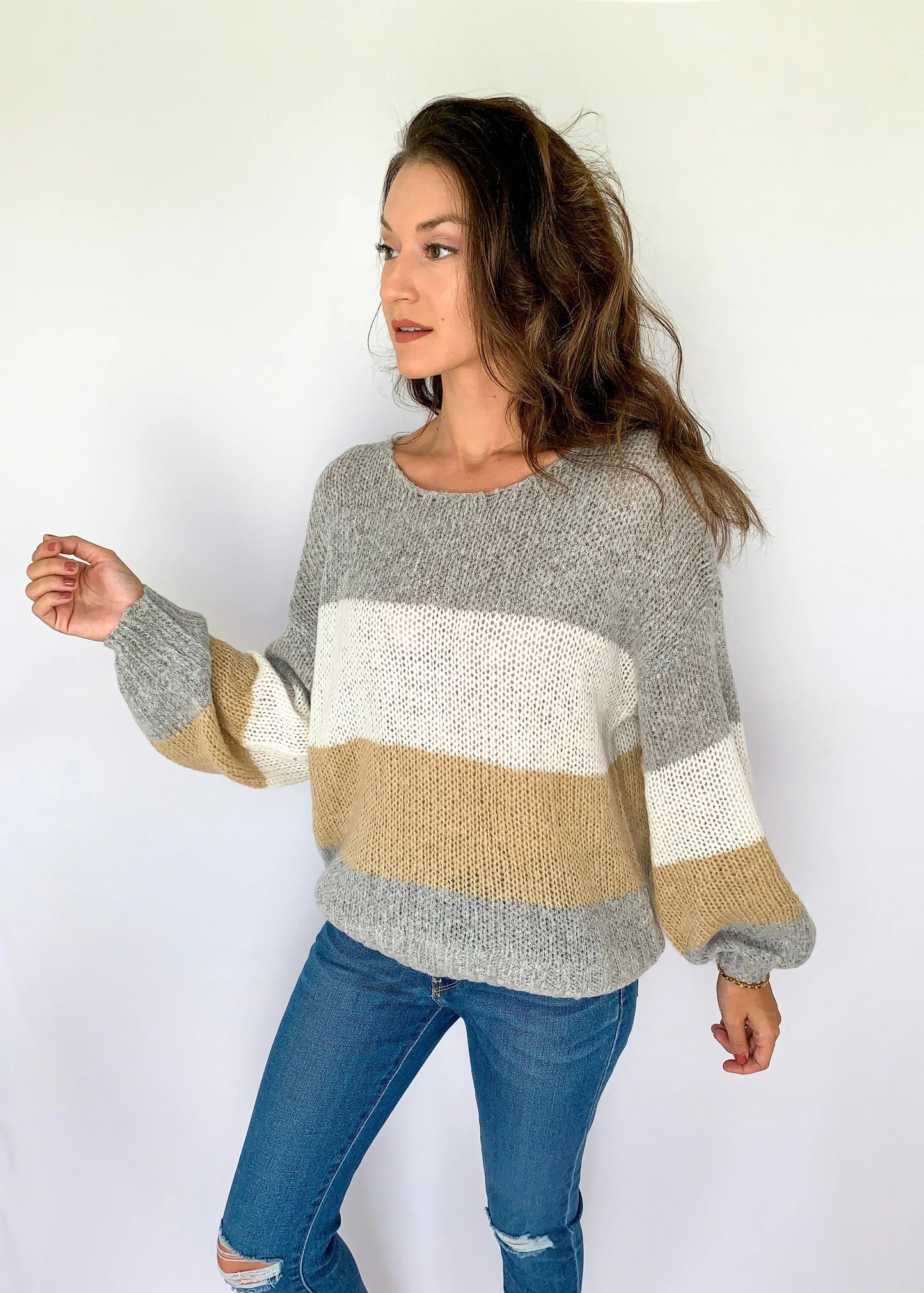 The Tiny Details Grey with Multi Colorblock Loose Pullover Sweater