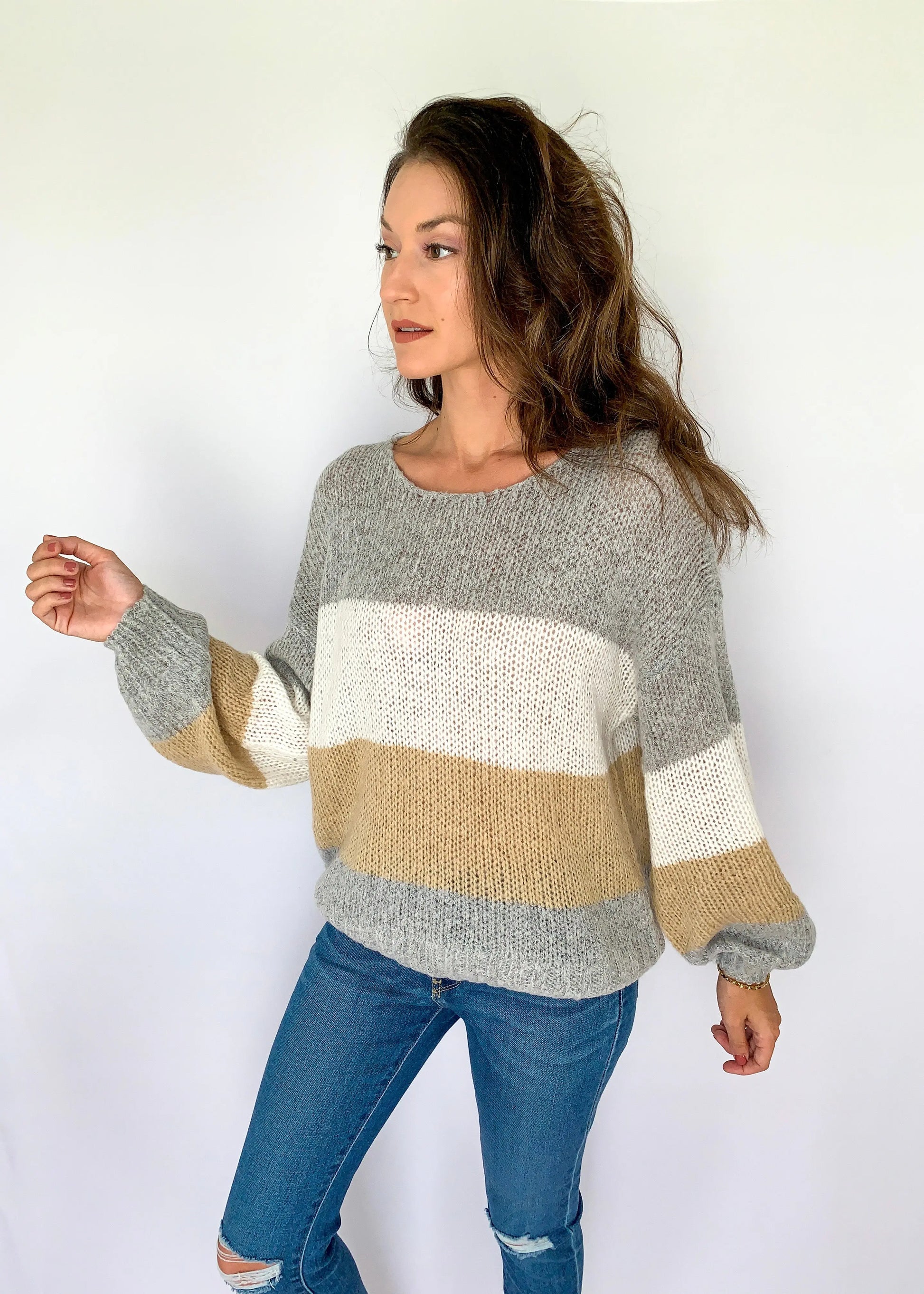 The Tiny Details Grey with Multi Colorblock Loose Pullover Sweater