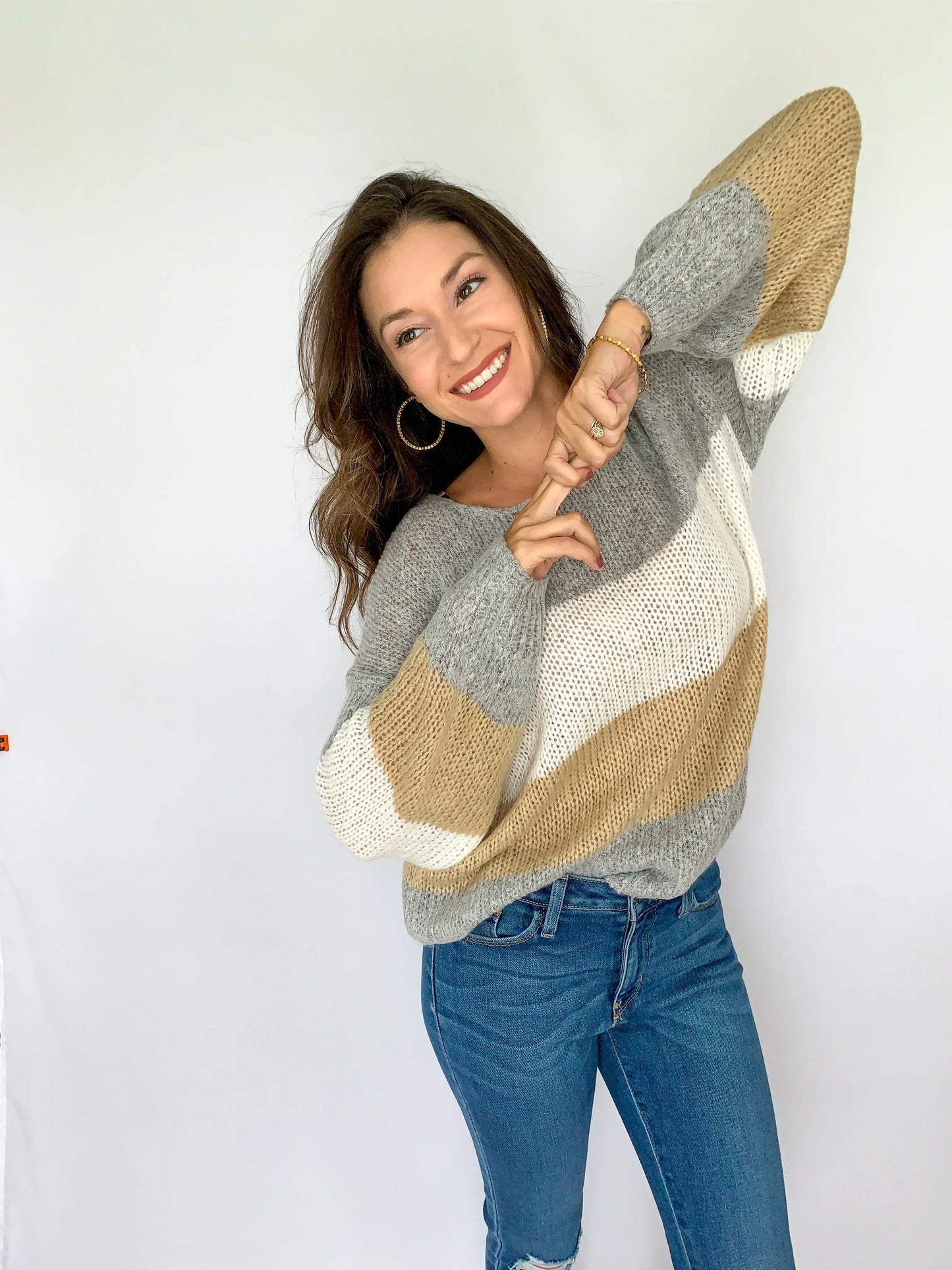 The Tiny Details Grey with Multi Colorblock Loose Pullover Sweater