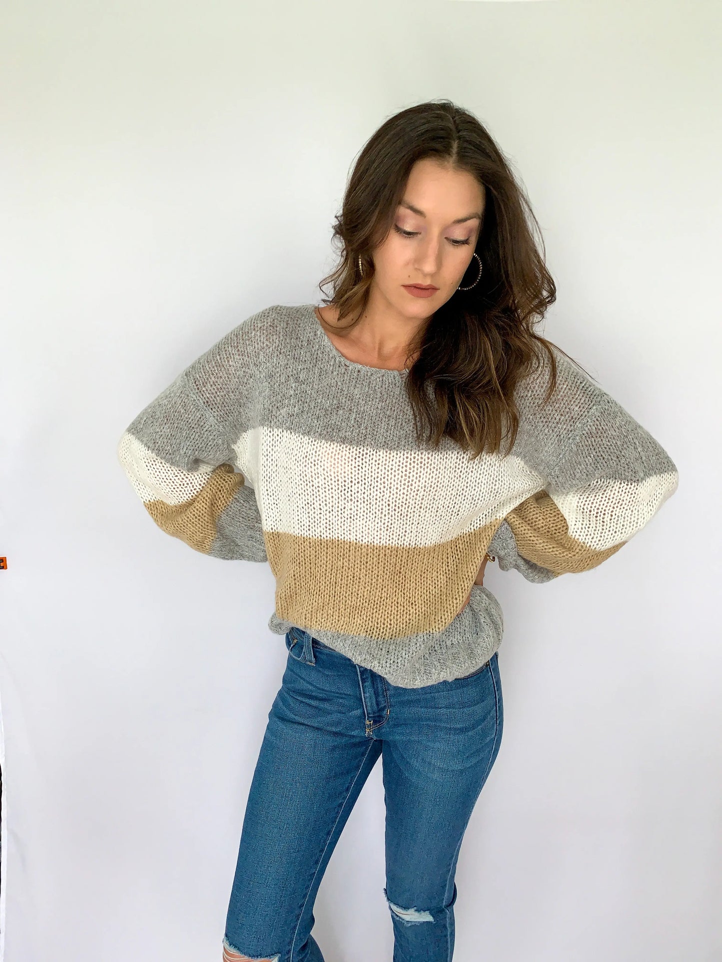 The Tiny Details Grey with Multi Colorblock Loose Pullover Sweater