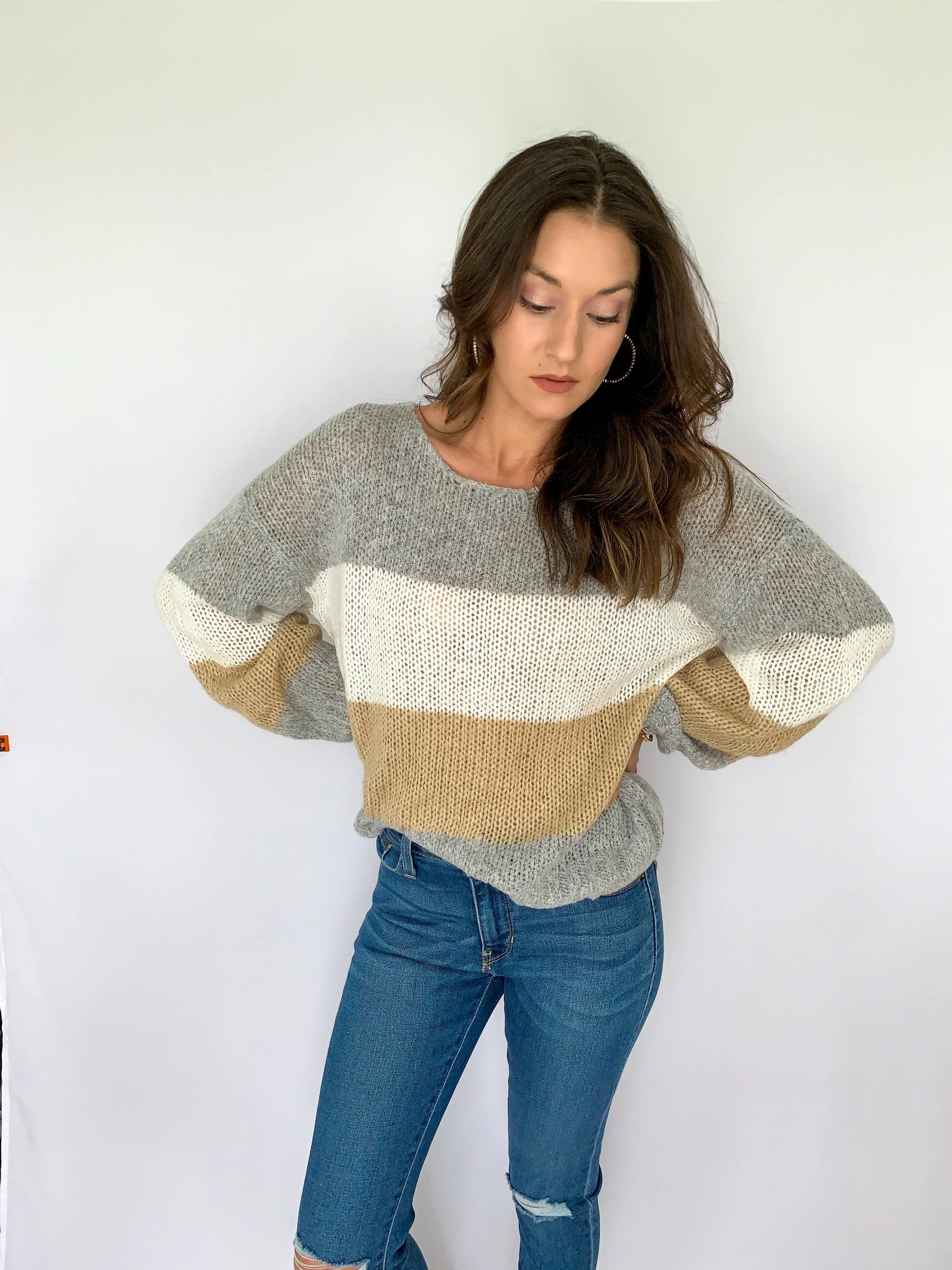The Tiny Details Grey with Multi Colorblock Loose Pullover Sweater