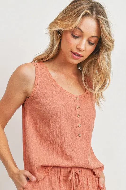 The Tiny Details Half Button Front Sleeveless Top