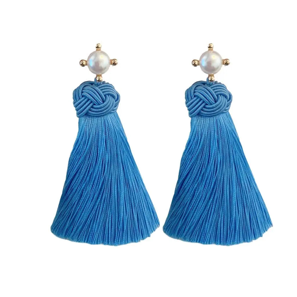 The Tiny Details Hydra Blue Pearl Tassel Earrings