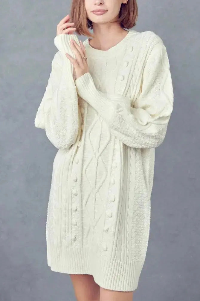 The Tiny Details Ivory Cable Knit Mini Sweater Dress