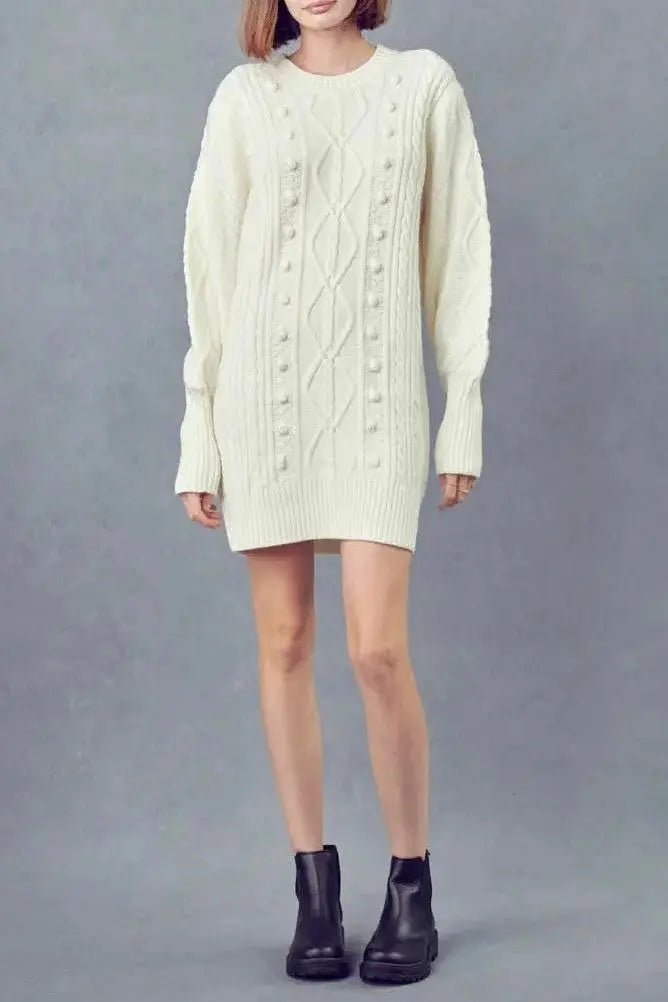 The Tiny Details Ivory Cable Knit Mini Sweater Dress