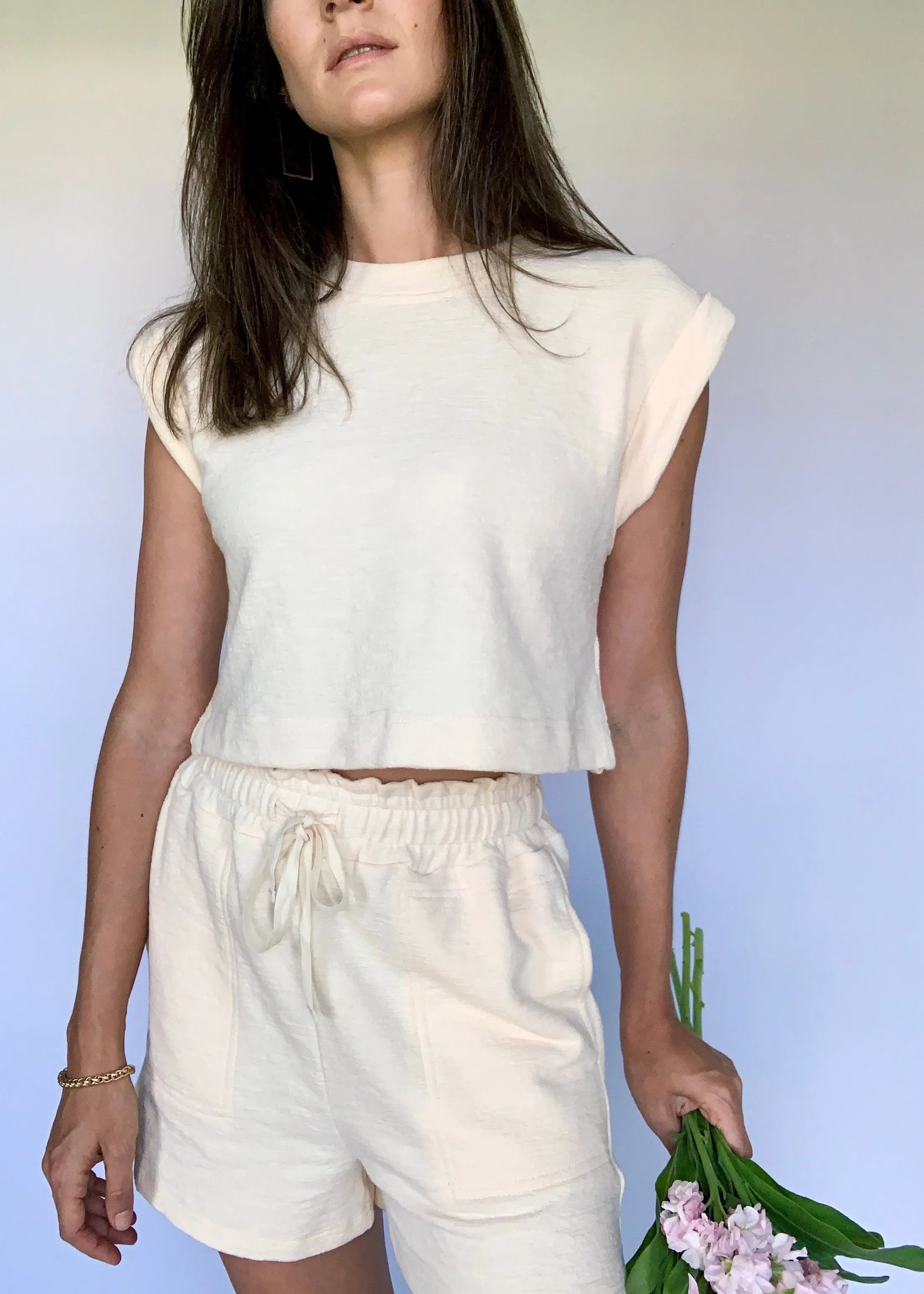 The Tiny Details Ivory High Waisted Textured Knit Shorts