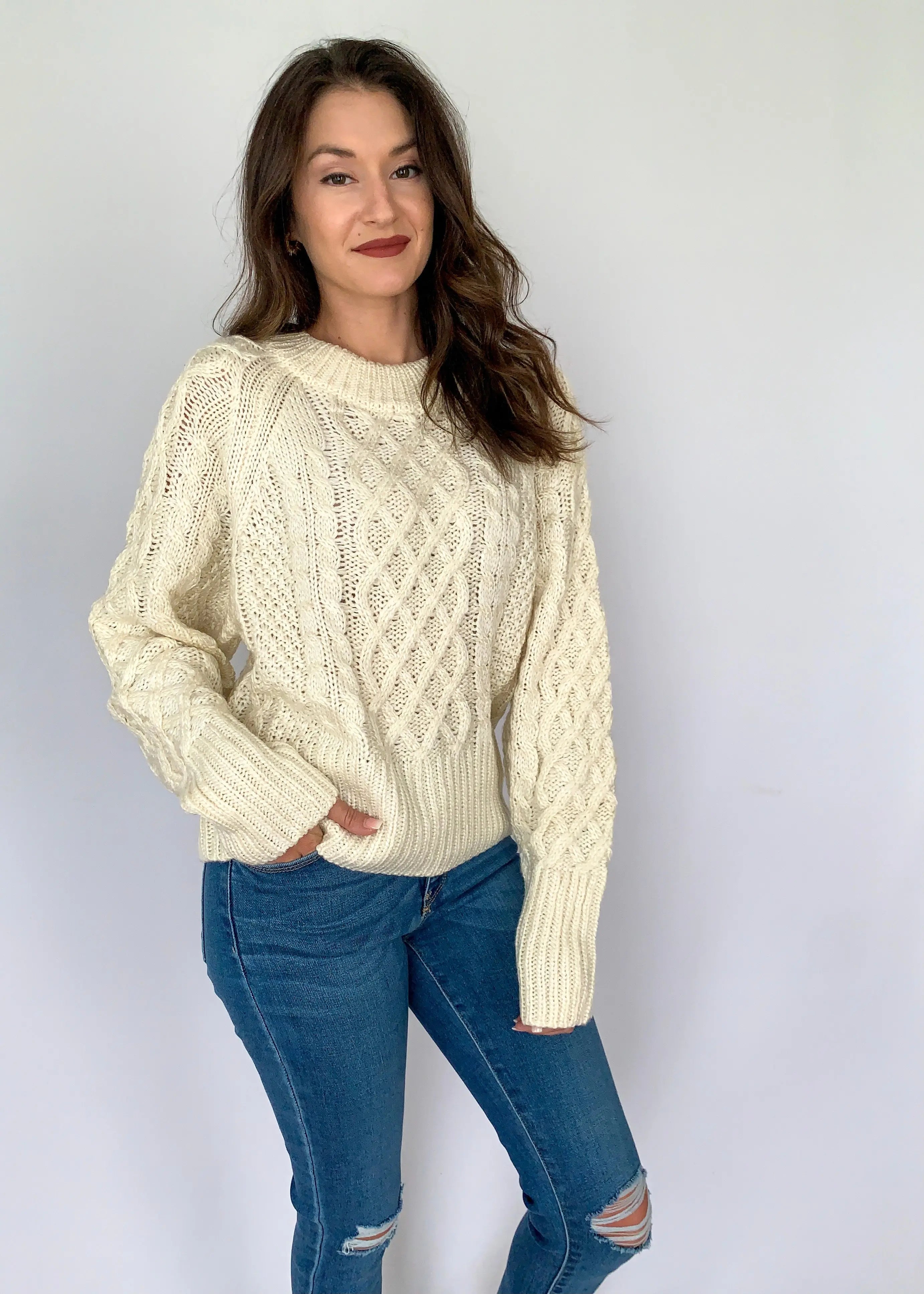 The Tiny Details Ivory Raglan Long Sleeve Cable Knit Sweater