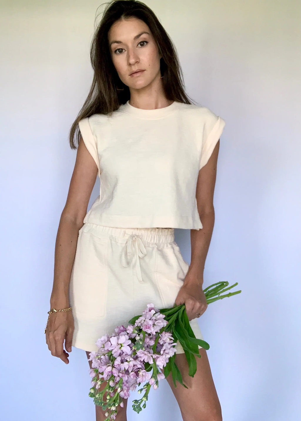 The Tiny Details Ivory Solid Textured Crop Top