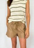 The Tiny Details Khaki Leather Shorts with Tie Detail
