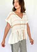 The Tiny Details Khaki Striped Button Down Short Sleeve Top