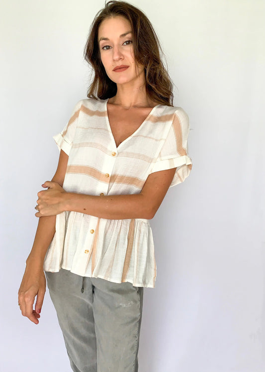 The Tiny Details Khaki Striped Button Down Short Sleeve Top