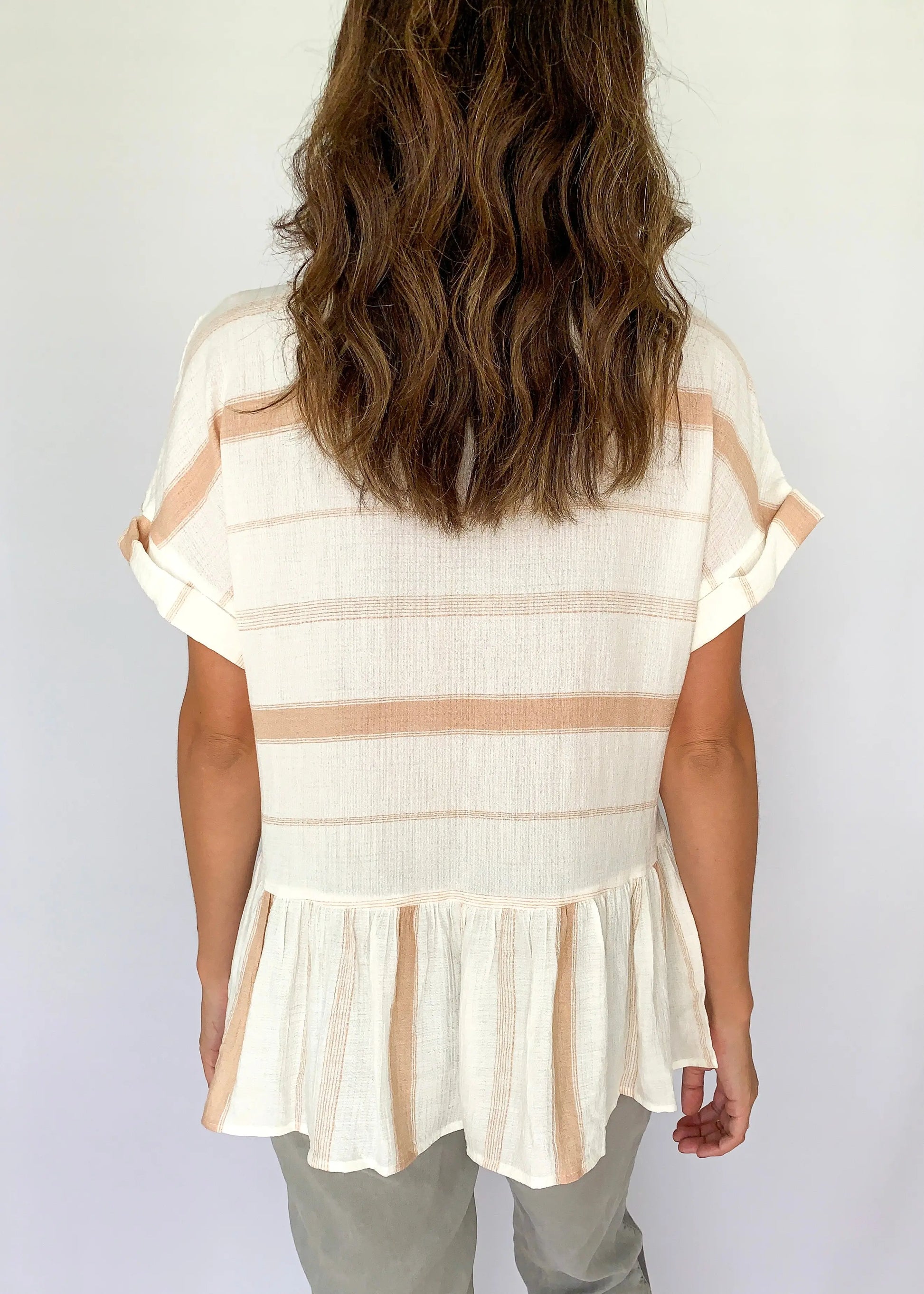 The Tiny Details Khaki Striped Button Down Short Sleeve Top