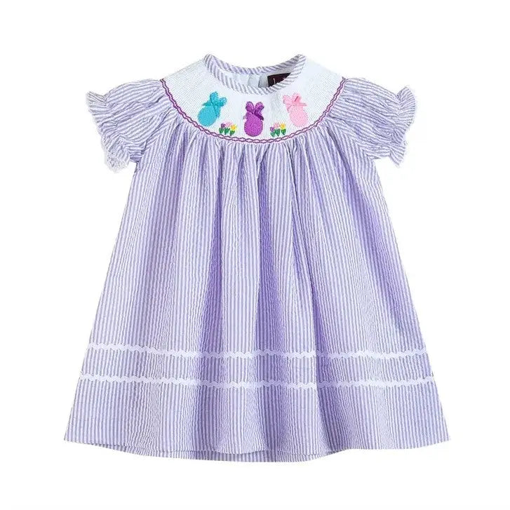 The Tiny Details Lavender Seersucker Bunny & Bow Smocked Bishop Dress