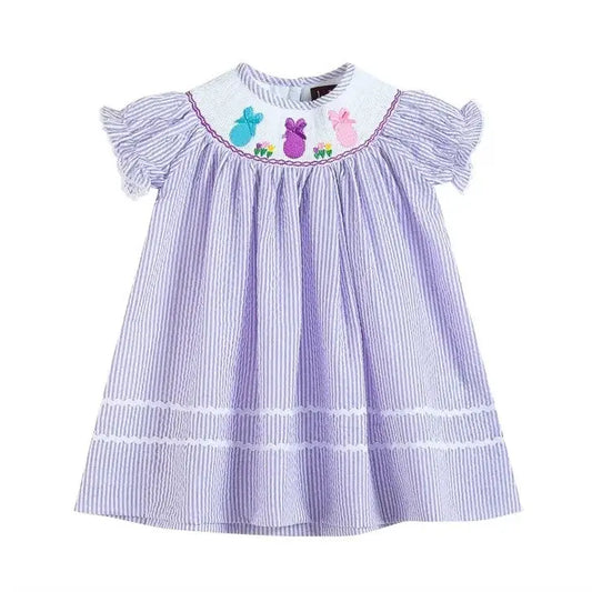 The Tiny Details Lavender Seersucker Bunny & Bow Smocked Bishop Dress