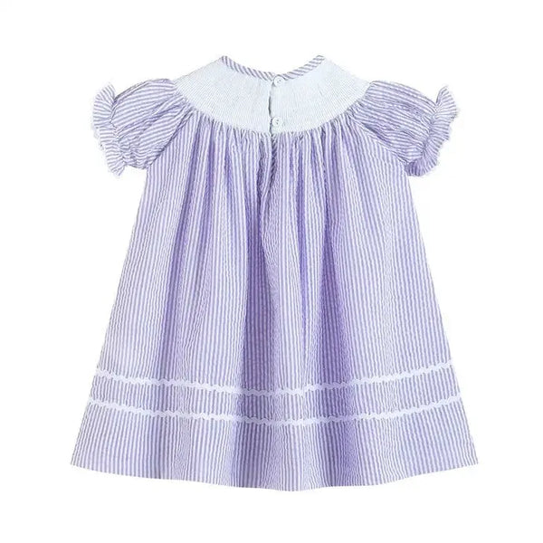 Elegant Baby Blue Seersucker Bunny Embroidered Collared Dress